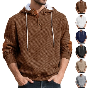 Men Hoodie Jacquard Textured Long Sleeve Pullover Button Henley Neck Elbow Patches Casual Sporty Fashion Top