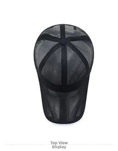 Top view of black mesh baseball cap showing breathable texture and button detail