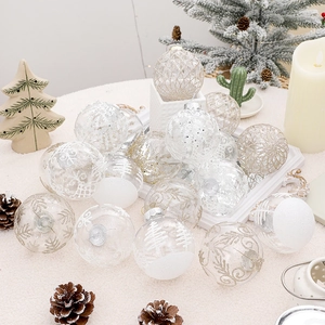 Set of 9 transparent PET painted 8cm Christmas balls on white plush background