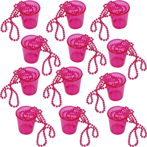 Set of 12 pink translucent plastic party shot glasses with matching bead necklaces