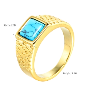 Vintage gold stainless steel men's ring with rectangle blue sapphire gemstone at 45-degree angle