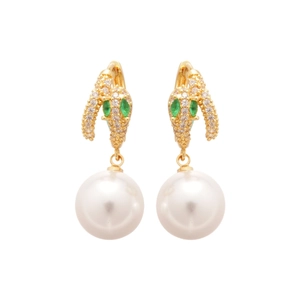 14K gold plated animal head earrings with micro-set zircon eyes and large white pearls