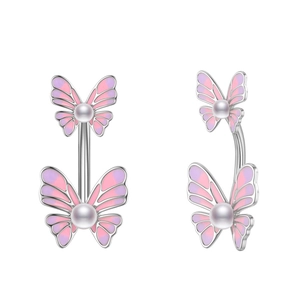 Silver belly button ring with pink and purple gradient enamel butterflies and pearls