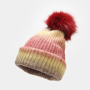 Bonnet en Tricot de Laine Dégradé pour Femmes Avec Pompon en Fausse Fourrure Chaud d'Hiver Bonnet Nervuré pour Extérieur Quotidien Mode