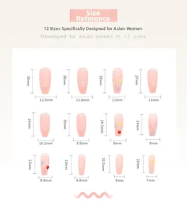 Guide des tailles pour faux ongles longs ballerine montrant 12 dimensions d'ajustement