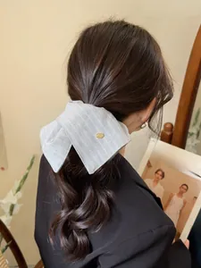 Detail of blue striped fabric bow scrunchie with a gold buckle worn in hair