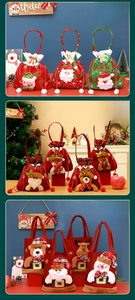 Detailed view of burlap Christmas gift bags featuring 3D Santa and Reindeer figures