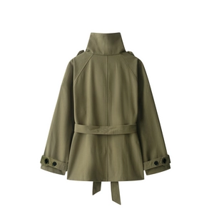 Short olive green cotton trench jacket for women with waist belt and cuff tabs back view