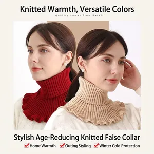 Winter knitted turtleneck faux collar dickey for women in red and beige ribbed knit