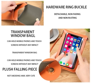 Détail de la boucle en anneau et de la fenêtre tactile transparente du sac de téléphone