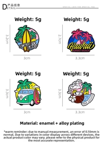 Detailed macro view of four summer beach enamel pins including surfboards and palm trees