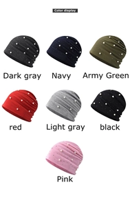 Detailed grid of soft knitted beanies with pearl accents in seven classic colors