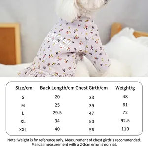 Floral pet dog dress size chart with purple base layer dress for small dogs like Teddy