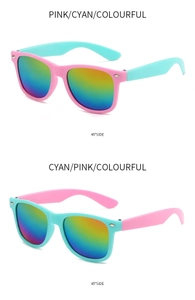 Side view of two colorful children's sunglasses with rainbow mirrored lenses