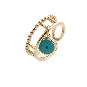 Goldener doppelreihiger offener Ring mit blauen Augen-Anhängern in der Seitenansicht