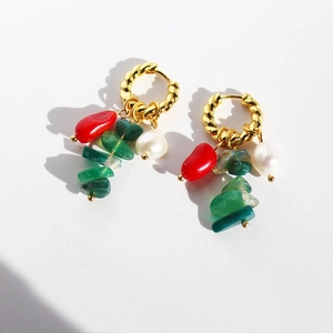 Original Design Brass Gold Plated Twist Hoop Earrings With Natural Stone Beads Artificial Pearl Tassel Drop Earrings Jewelry