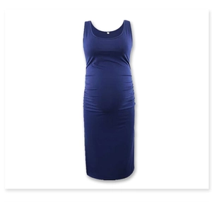 Detail view of navy blue sleeveless maternity dress with elastic side ruching