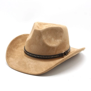 Faux suede khaki western cowboy hat with brown studded leather band on white background
