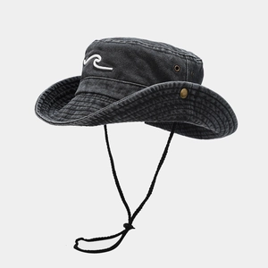 Outdoor vintage dark grey wide brim bucket hat with white wave embroidery and adjustable strap