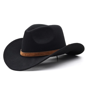Detail of classic black wool felt cowboy hat with a brown decorative leather belt