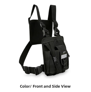 Front side view of tactical vest chest bag with multiple pockets and reflective stripes