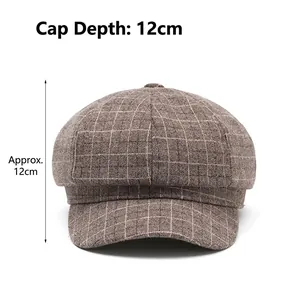 Brown plaid wool newsboy hat for autumn winter with deep 12cm crown and stylish brim