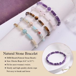 Detail of 8mm natural amethyst and rose quartz elastic bracelets with rectangular stones