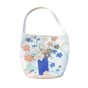 Floral canvas bucket tote bag with oil painting style flowers and white leather handles