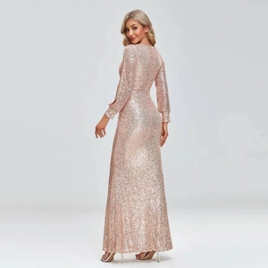 Elegant rose gold sequin evening gown with long sleeves and deep V-neck for formal events