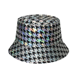 Chic houndstooth bucket hat with iridescent laser metallic finish for street style