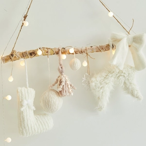 Christmas Wall Hanging Decoration Wooden Branch LED Light String Knitted Ornaments Plush Tassels Nordic Home Aesthetic