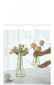 Close-up of geometric gold metal frame vase with cylindrical glass insert for home decor