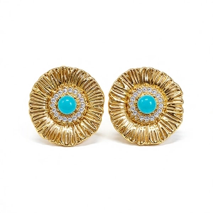 Vintage gold sun flower earrings with turquoise center and white zircon stones