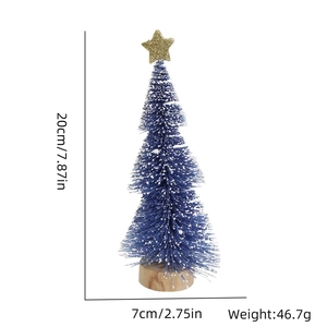 Mini blue frosted Christmas tree with snow effect, gold star, and wooden base, 20cm height