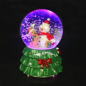 Luminous Christmas snow globe with snowman and dog on a green festive base