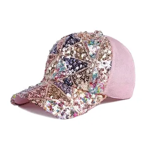 Stylish women's baseball cap with colorful sequins and breathable pink mesh panels