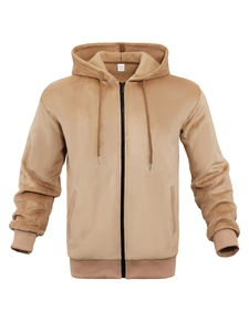 Detailed view of the khaki fleece hoodie inner lining and care label showing M size