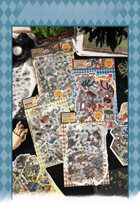 Macro view of 2.5D large scenery stickers with mysterious fantasy themes for journaling