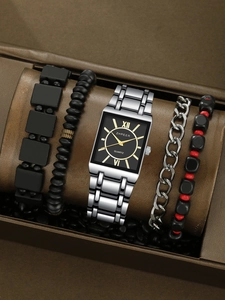 Close-up of square men's quartz watch and beaded bracelets set in a leather display box
