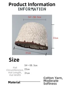 Detailed dimensions of beige knit bucket hat with brown zigzag hand-stitched edges