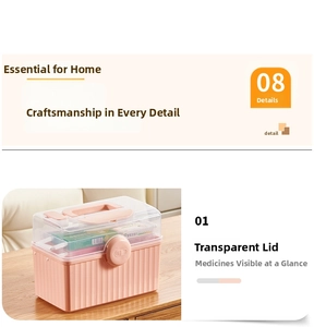 Pink home first aid kit with transparent lid and multi-layer storage for medicines