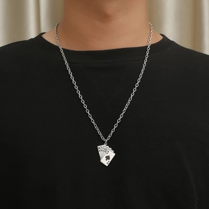 Detailed view of hip hop stainless steel necklace with fan-shaped ace of spades pendant