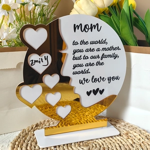 Detailed view of acrylic Mother's Day plaque with gold mirror heart and custom name engraving