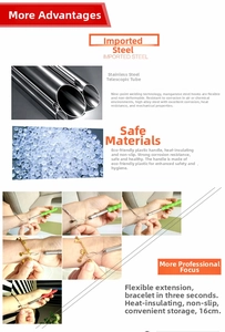 Macro detail of retractable stainless steel bracelet helper tool with non-slip handle grip
