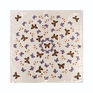 Elegant 60cm square silk scarf with colorful butterfly patterns on beige background