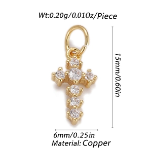 Detail view of small 15mm gold cross pendant with clear cubic zirconia and dimensions