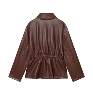 Dunkelbraune Kunstlederjacke für Damen in der professionellen Rückansicht und Textur