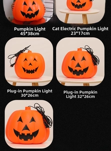 Multiple sizes of lighted plastic Jack-o'-lanterns including plug-in models on black background