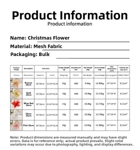 Detailed chart showing sizes, weights, and mesh fabric specs for Christmas flower ornaments