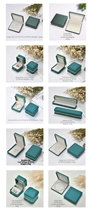 Detailed sizing chart for dark green leather jewelry gift boxes with gold trim accents